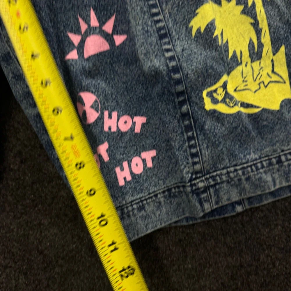 Vintage 80s Acid Wash Denim Shorts Palm Tree Neon Hot Hot Hot Blue Medium